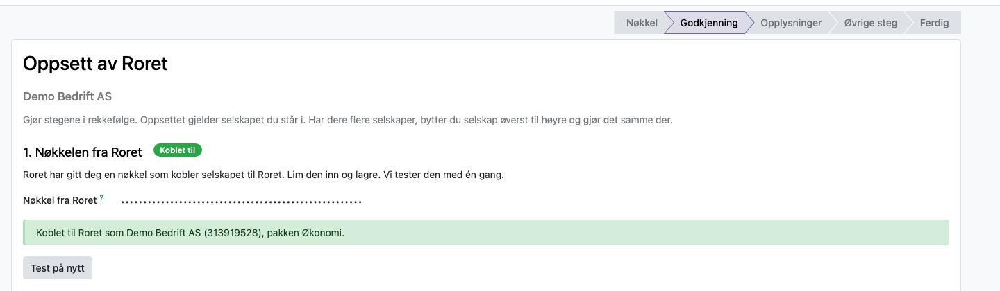 Steg 1: «Koblet til Roret som Demo Bedrift AS (313919528), pakken Økonomi»