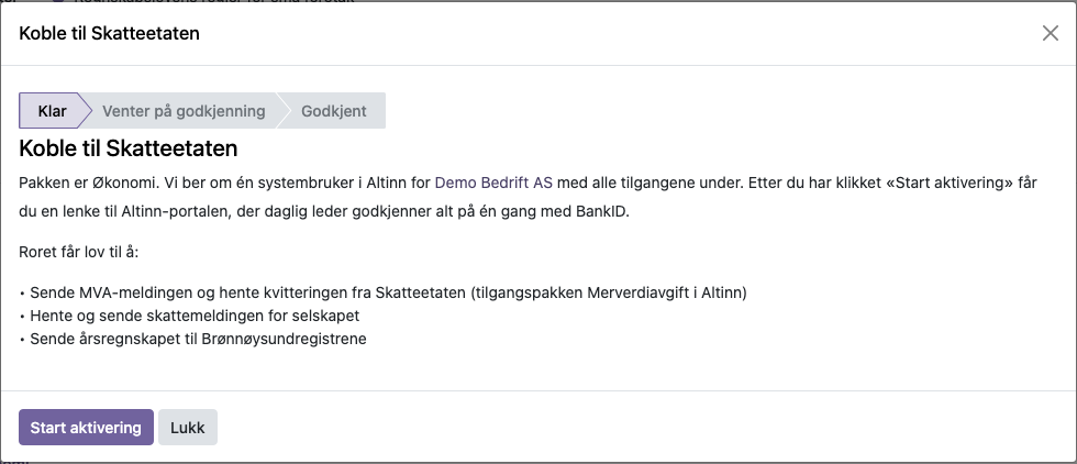 «Koble til Skatteetaten» med listen over hva Roret får lov til
