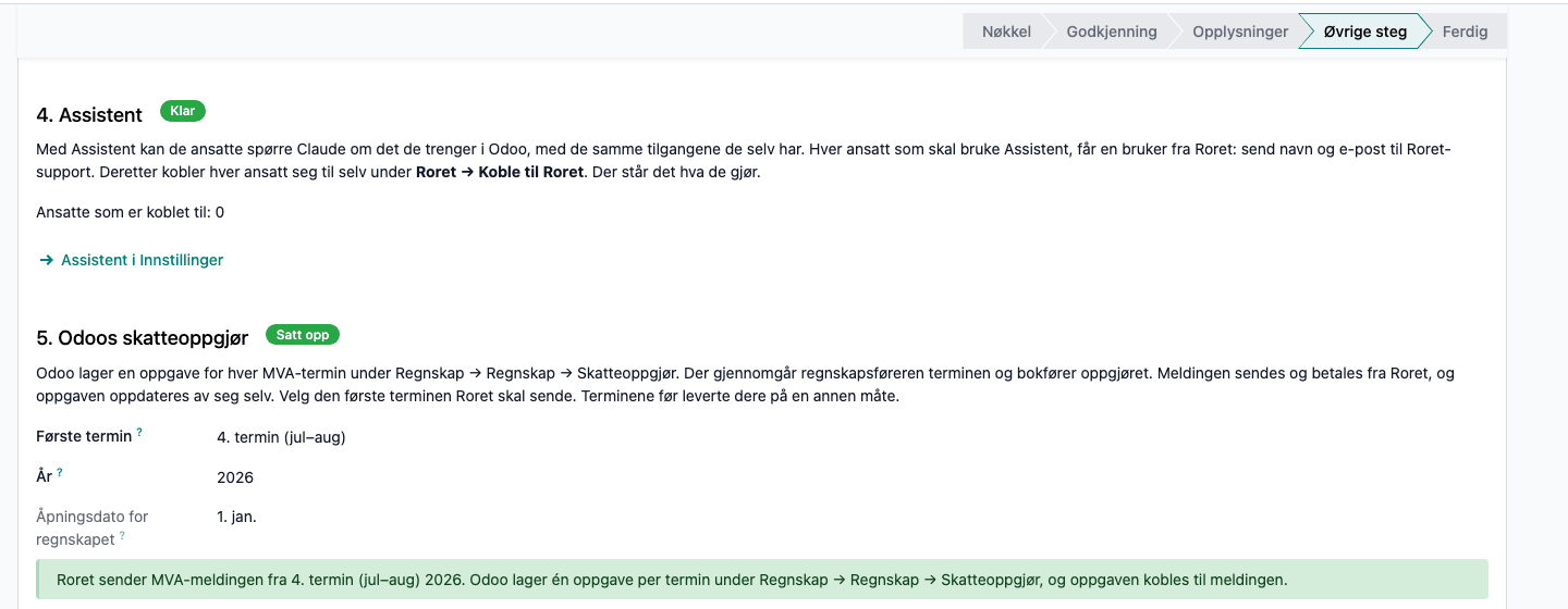 Steg 4 «Klar» med «Assistent i Innstillinger», og steg 5 «Satt opp»