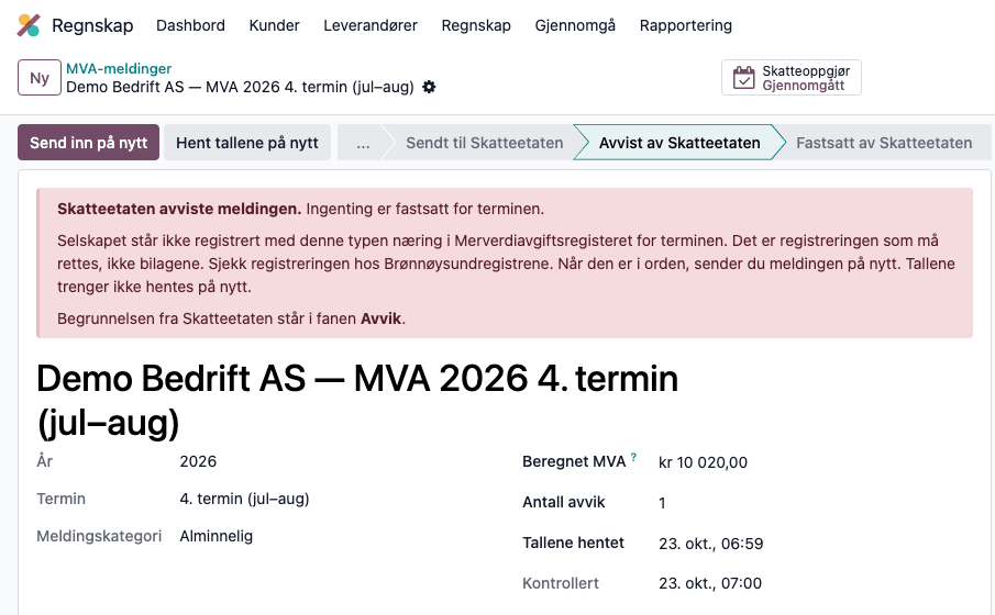 En avvist melding med råd