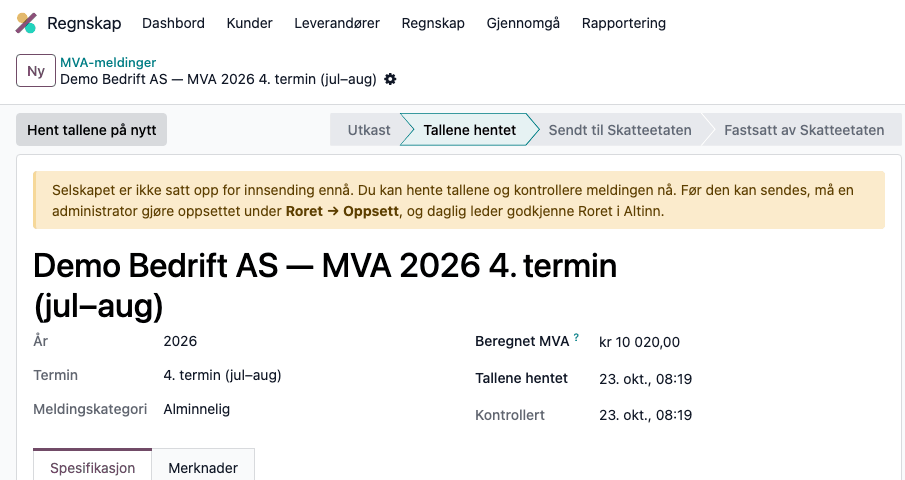 Meldingen før oppsettet er gjort