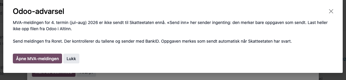 «Odoo-advarsel» når Odoos oppgave merkes som sendt