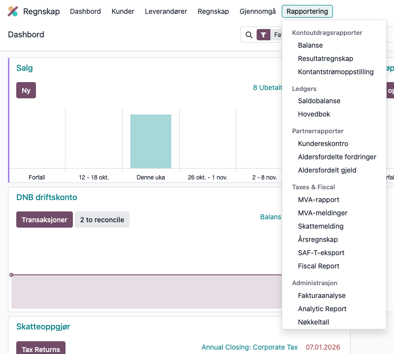 Regnskap → Rapportering, med MVA-rapport og MVA-meldinger under «Taxes & Fiscal»