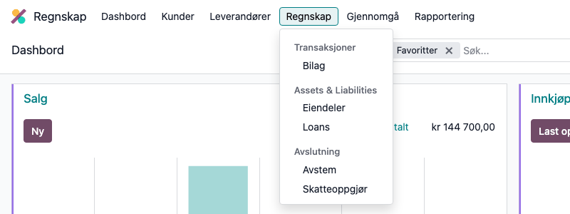 Regnskap → Regnskap, med Skatteoppgjør under «Avslutning»