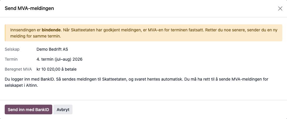 «Send MVA-meldingen» med «Send inn med BankID»