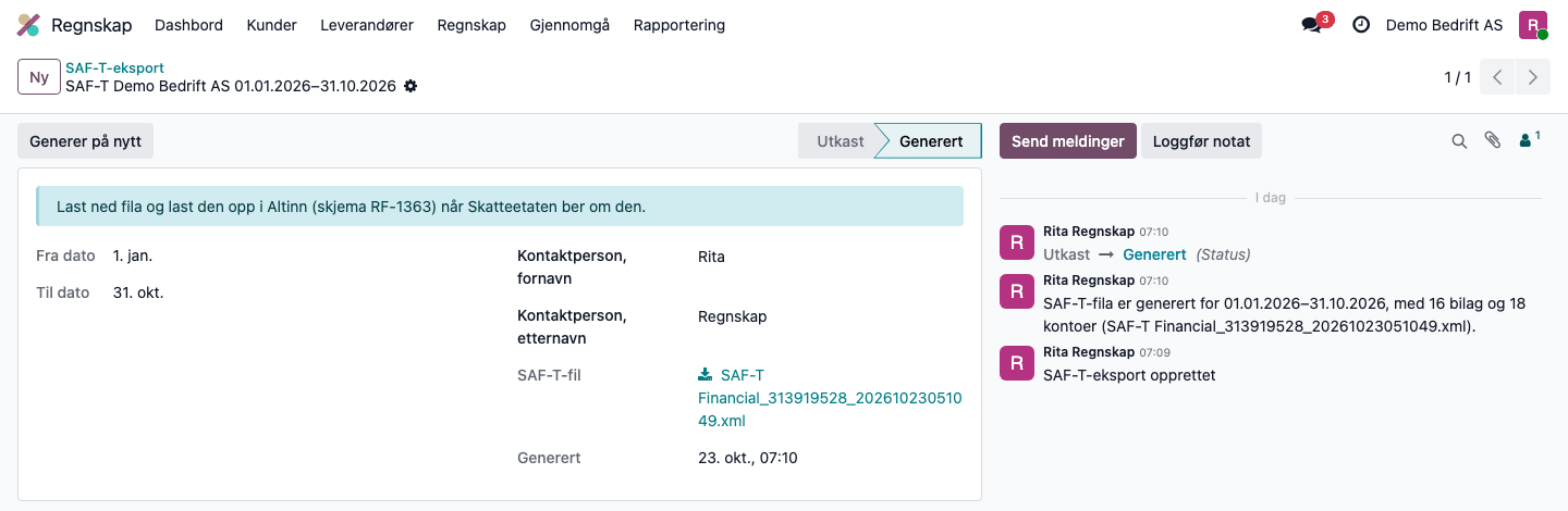 SAF-T-fila er laget, med lenke til fila
