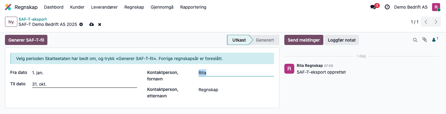 Ny SAF-T-eksport med perioden valgt