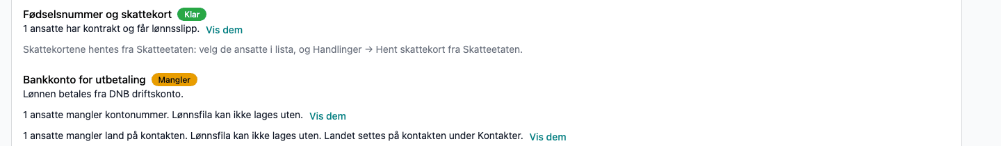 «1 ansatte mangler kontonummer» og «1 ansatte mangler land på kontakten»