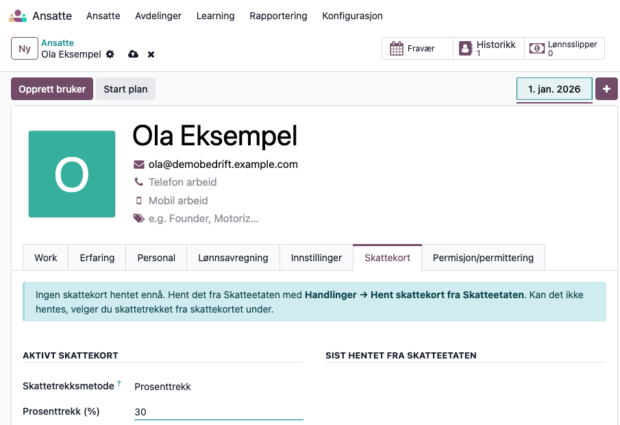 Fanen Skattekort med skattetrekket valgt for hånd