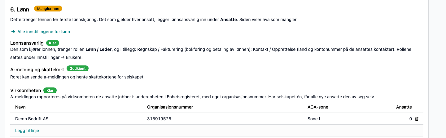 Lønnsdelen av oppsettet med virksomheten lagt inn og «Alle innstillingene for lønn»