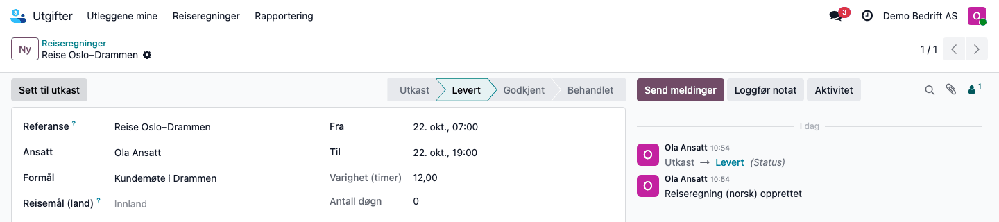 Levert reiseregning, sett av den ansatte