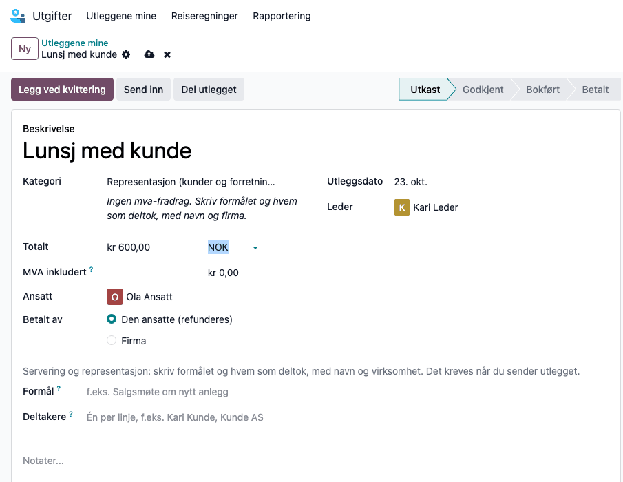 Nytt utlegg med kategori og beløp
